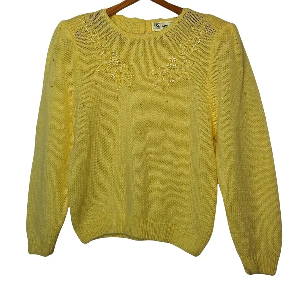 Vintage 80s Shenanigans Women's M Sweater Light Yellow Faux Pearl Flowers Lace
